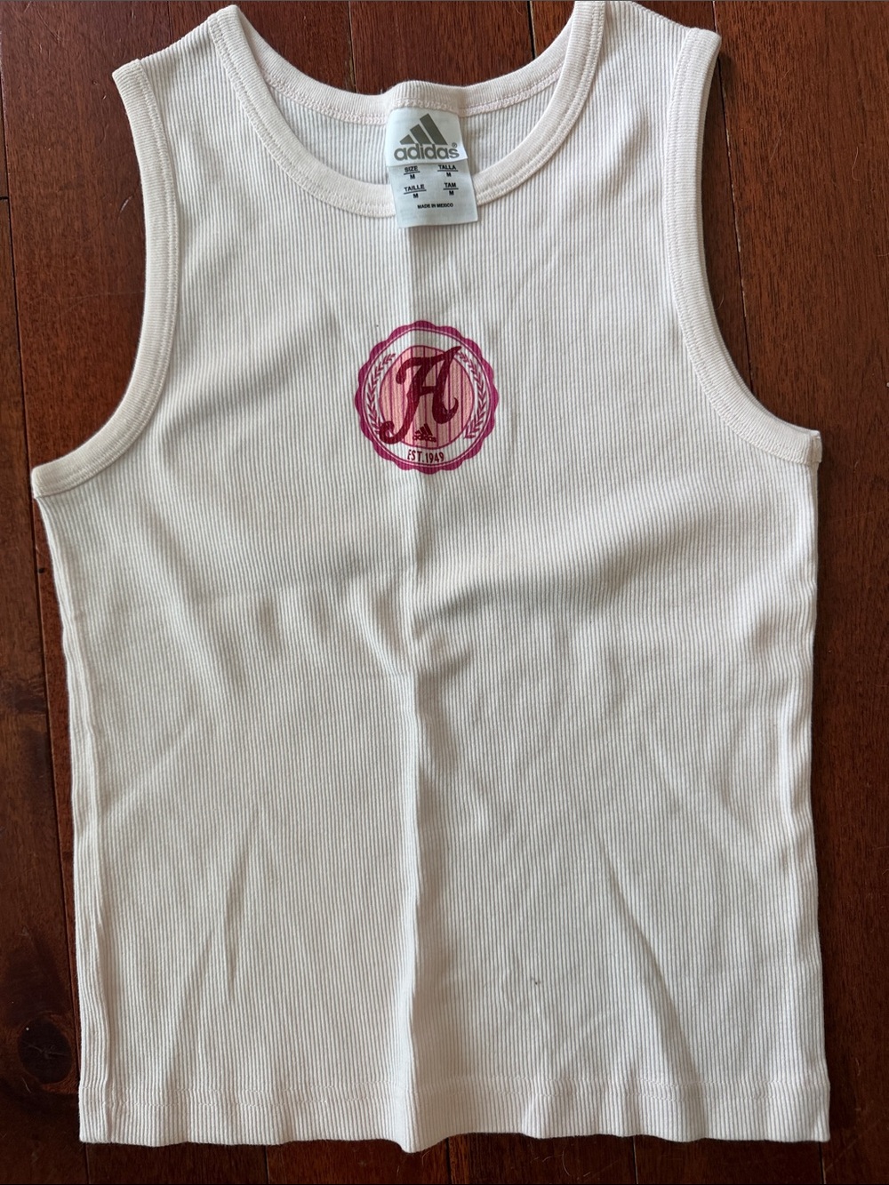 adidas White Ribbed Tank Top with Pink Crest Logo
